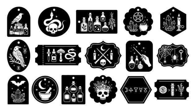 This set of fifteen decorative gothic gift tags features mystical occult symbols and patterns, presented as an isolated object on a transparent background for easy design use.
