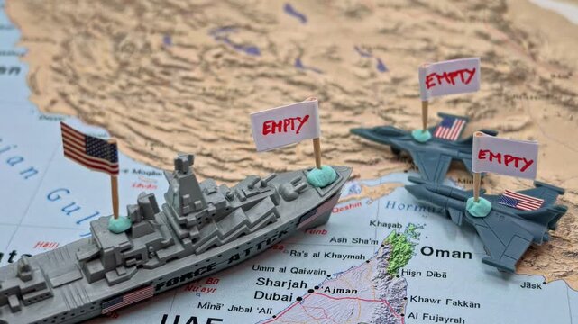 Conceptual representation of the United States military's empty arsenals and stockpile crisis, with a warship and fighter jets positioned near Iran and the Strait of Hormuz on a map