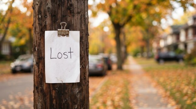 Missing pet or item notice attached to a timber pole along a residential road in fall.