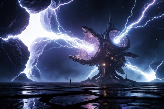 Massive alien structure generates powerful lightning storms in rocky alien landscape. A lone silhouette stands before cosmic energy. Otherworldly contraption creates space rifts amidst a dark nebula.