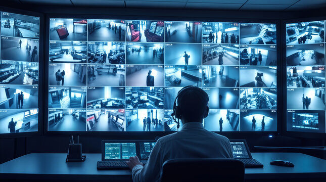 Security operator monitoring multiple surveillance camera feeds in high-tech control room. Professional guard watching live video streams for public safety and crime prevention.
