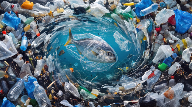 Polluted water vortex surrounding a jack fish trapped in a clear plastic bag. Environmental concept of marine waste and ecological crisis.