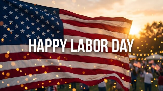 Happy labor day greeting card featuring a waving american flag at sunset with festive string lights background