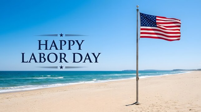 Happy labor day greeting with an american flag flying on a sunny beach with blue ocean waves