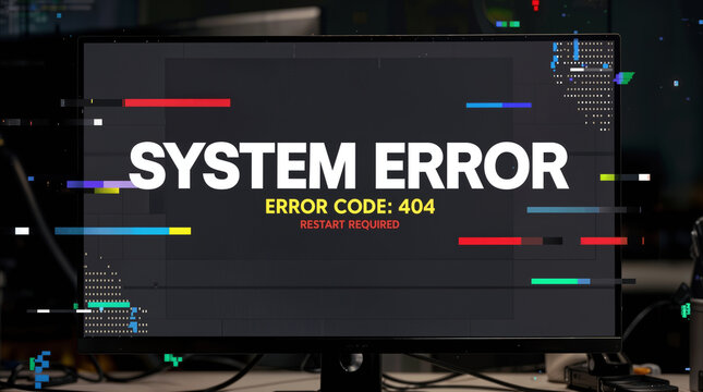 Computer monitor displaying system error message with glitch effects. Technical failure and software crash concept in dark office environment.