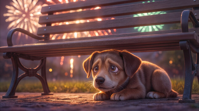 Frightened puppy cowering under a wooden park bench while fireworks explode in the night sky. Animal anxiety during holiday celebrations.