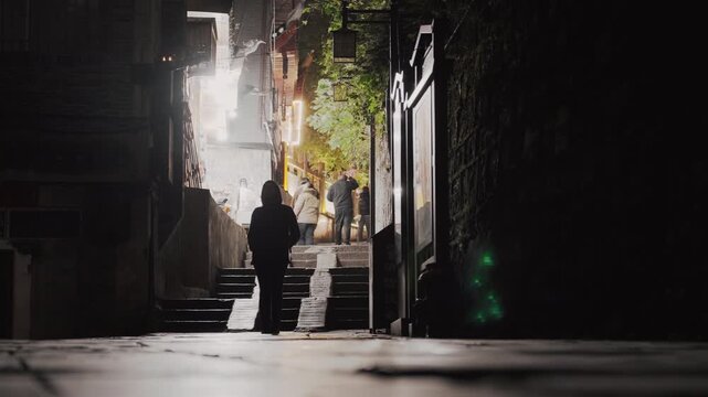Night walking silhouette in urban alley backlit figure moves toward bright street, lowangle pavement reflection, moody contrast, lamplight and neon glow, solitary commuter passing steps and doorway,