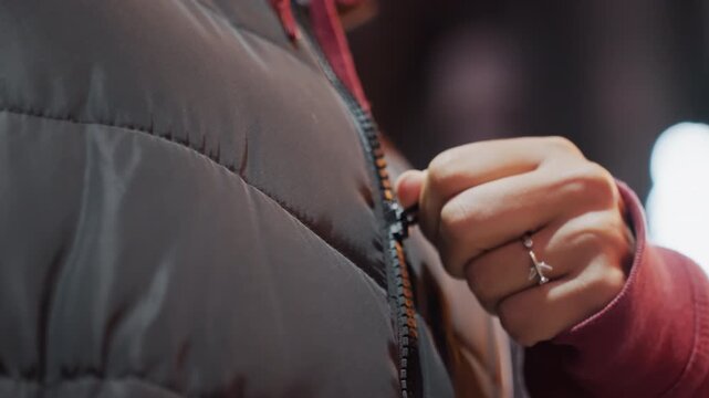Night jacket closeup of zipper, hand with silver ring adjusting puffer near neon bokeh, subtle motion and cool evening mood, commuter pause on sidewalk showcasing textured fabric and metal teeth