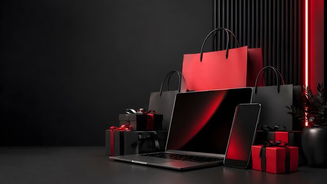 Online shopping concept with laptop and red gift bags on a dark background