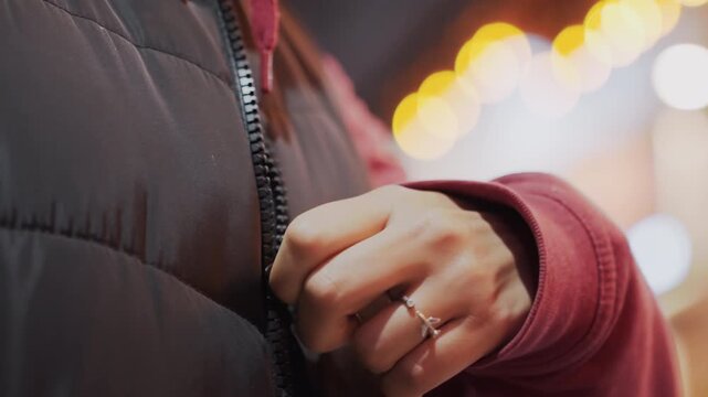 Nighttime urban coat with lights. Detailed view of jacket zipper amid city lights during night. Intimate shot of urban clothing featuring zipper and textured fabric in night city environment