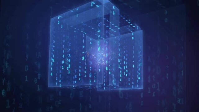 Abstract digital blue cube rotating with flowing binary code and data particles in cyberspace