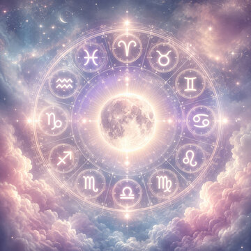 Celestial Zodiac Wheel with Glowing Moon and Astrology Symbols in Dreamy Pastel Sky