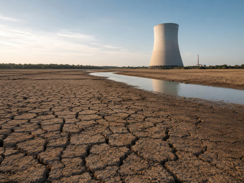 Nuclear Cooling Tower Beside Dried Riverbed During Extreme Drought and Water Shortage