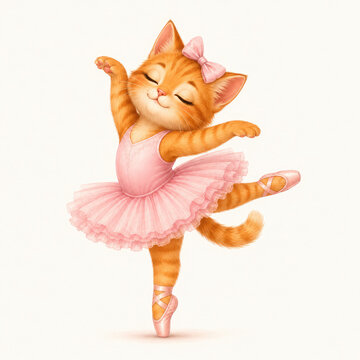 Cute Ballerina Cat in Pink Tutu Dancing Ballet on White Background