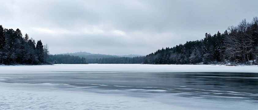 Panoramic Winter Landscape with Frozen Lake and Snowy Forest on Horizon