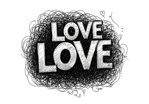 Love in a Scribble: Two bold letters spelling LOVE are set within a chaotic tangle of black scribbles, representing the complex and overwhelming nature of love.