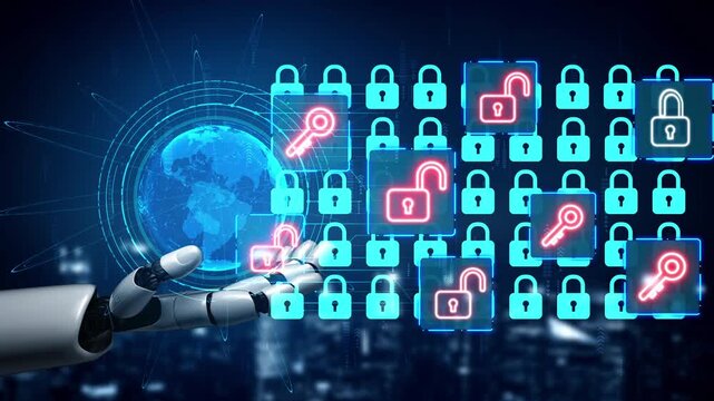 Futuristic Robot Hand Reaching Towards Digital Locks and Keys with a Globe in the Background Illustrating Cybersecurity Concepts. Entropy.