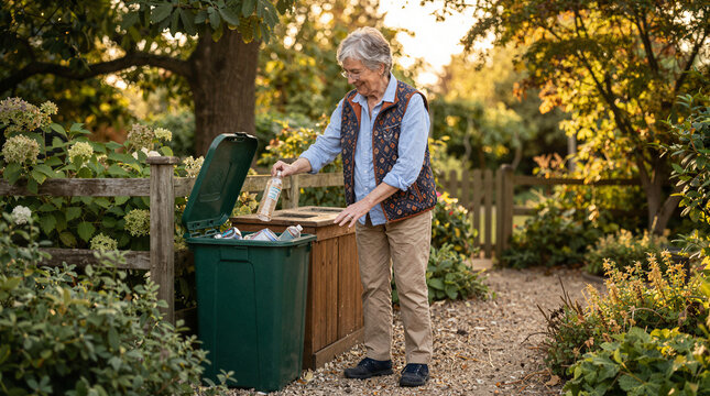 Elderly woman recycling plastic bottles in a garden during golden hour