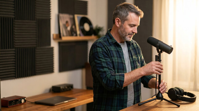 Man adjusting microphone in home recording studio with soundproofing panels