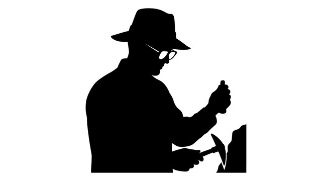 Geologist examining rock sample with magnifying glass black silhouette geological