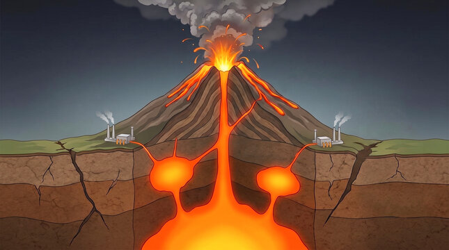 cutaway view of a volcanic mountain revealing hot magma chambers connecting to a vent spewing lava and ash into the sky illustrating geothermal activity and tectonic plate movement