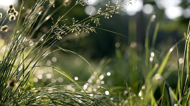 Fresh Green Grass Blades with Dew Drops in Morning Sunlight