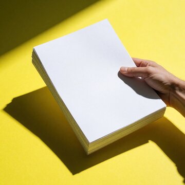 Hand holds stack of blank white paper sheets against bright yellow background. Person presents clean document pile for printing business office task. Empty flyer template provides copy space for