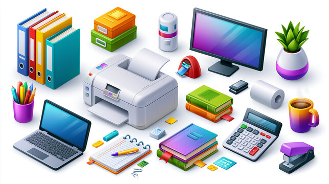 An organized office workspace with various supplies and electronic devices.