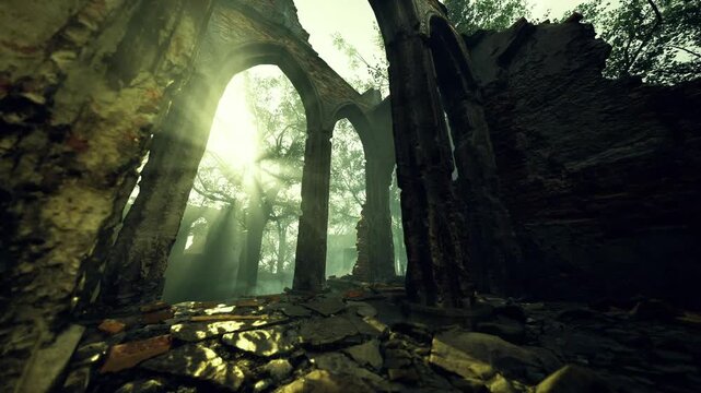 Golden beams of sunlight pierce through the crumbling arches of an old structure, illuminating the lush, verdant foliage that surrounds the ruins, creating a serene atmosphere.