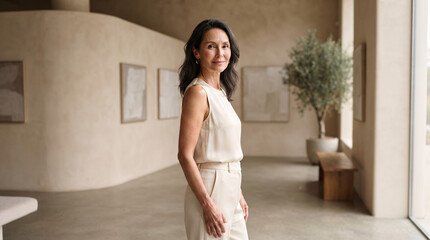 Fototapeta premium Portrait of a confident woman standing in a modern minimalist interior space.