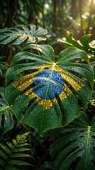 Obraz premium Monstera deliciosa leaf painted with national flag colors of Brazil, demonstrating patriotism for Brazilian Independence Day on September 7, covered in fresh water drops inside wild jungle.
