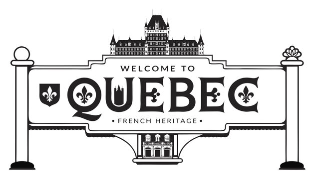 Very beautiful black and white realistic vector of a classic roadside welcome sign featuring Quebec City, Ch&acirc;teau Frontenac, fleur-de-lis and French architecture, QUEBEC &bull; FRENCH HERITAGE, detailed li
