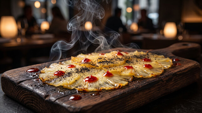A dramatic smoked pineapple carpaccio with a vibrant chili glaze and edible ash is served on a rustic dark wooden board as wisps of sweet applewood smoke linger in space.