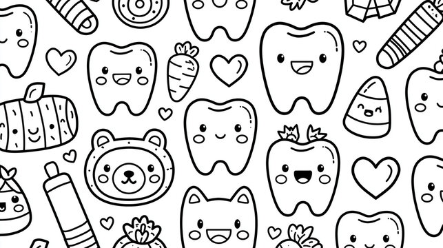 Cute, playful dental-themed doodles featuring smiling teeth and fun friends.