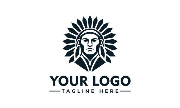 Native American indian tribal chief logo vector illustration with traditional feather war bonnet headdress icon design
