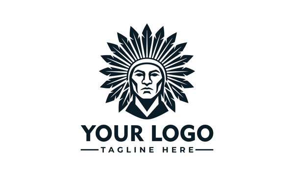 Vector logo illustration of a Native American tribal chief with a feather headdress
