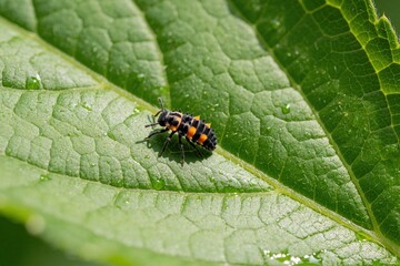 Obraz premium Ladybug larva crawls on green leaf. Small insect with black orange stripes walks on textured plant surface with water drops. Macro shot shows nature detail.