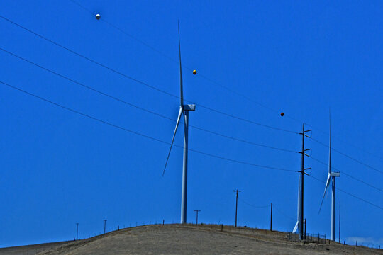 High voltage cables carry wind generated electricity offsite, Altamont Pass, Alameda County, California 