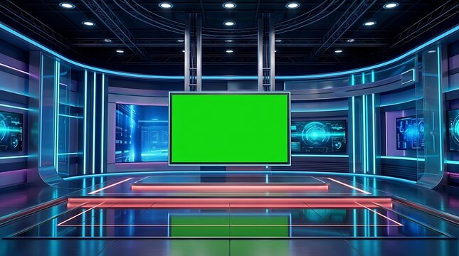 Modern digital broadcast studio with green screen for virtual set production and live streaming