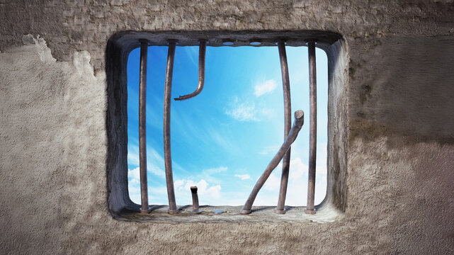 Prison cell with broken prison bars on the window. 3D illustration