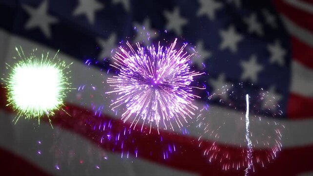 American flag waving with fireworks for the 4th of July. Independence Day, Veterans Day, Memorial Day, Labor Day. Happy Birthday USA.