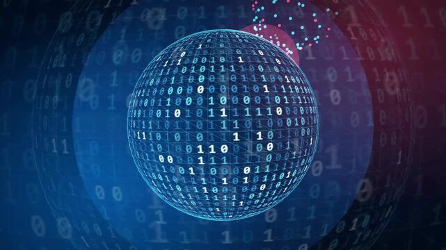 Digital globe composed of binary code with flowing data particles in a futuristic cyberspace