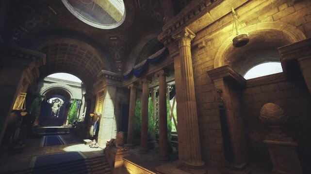 sunlit ancient colonnade with statue, golden light through oculi, marble steps, dust motes, ivycovered walls, solemn heritage atmosphere for archaeologist