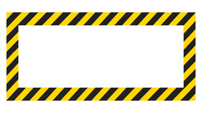 png Front view graphic template showing diagonal yellow and black caution stripes bordering the top and bottom of an empty white space cutout. 