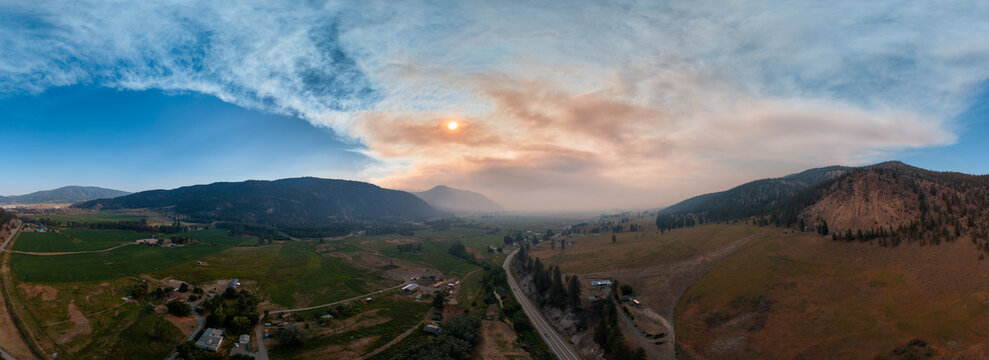 Aerial Panorama of Smoky Valley Sunset Over Farmland Near Merritt, British Columbia, Canada