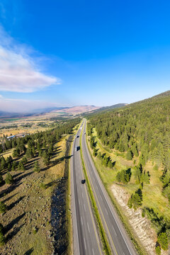 Aerial View of Trans-Canada Highway With Wild Fire Smoke Near Merritt, British Columbia, Canada