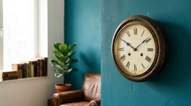 Vintage wooden wall clock with Roman numerals on a teal wall. Classic home interior with leather armchair and books. Retro time concept