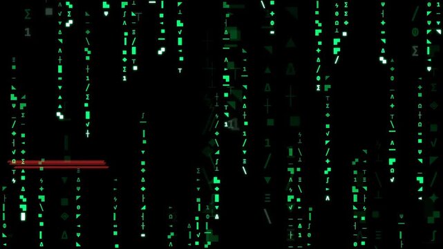 Digital rain of green binary code and symbols falling on a black background