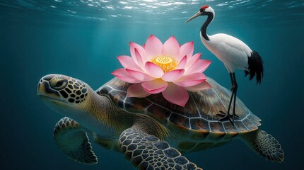 Obraz premium Large sea turtle swims in blue water carrying pink lotus blossom on shell. White crane bird stands atop turtle back in peaceful underwater scene. Animals travel together through deep ocean depths.