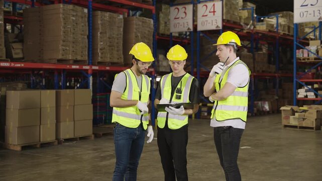 Teamwork of three warehouse workers in uniform wearing yellow safety helmets, standing and working talking and discussing planning in large logistics distribution factory. Inventory stock concept. 